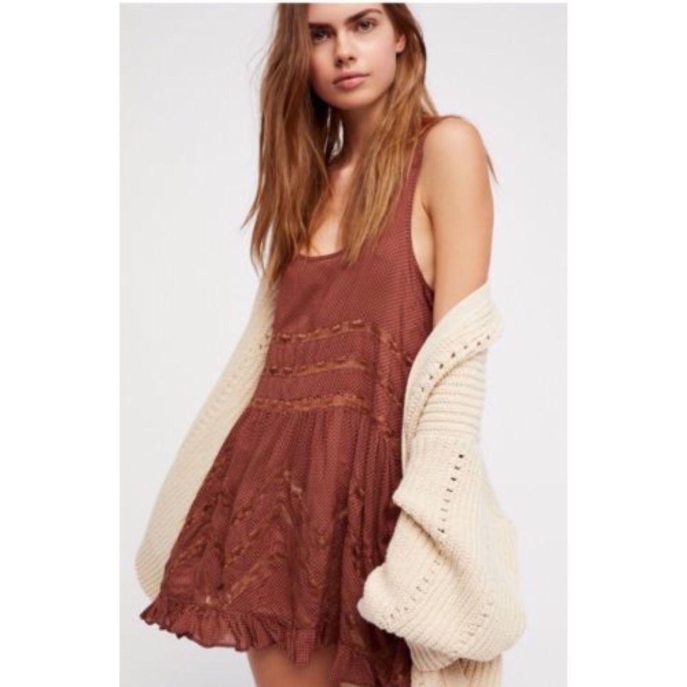 FREE PEOPLE NWOT VOILE LACE TRAPEZE SLIP BROWN - Picture 2 of 7